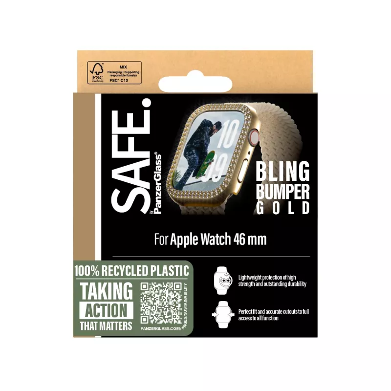 PanzerGlass SAFE. by ® Bling Bumper Gold Apple Watch Series 10 46mm permatomas