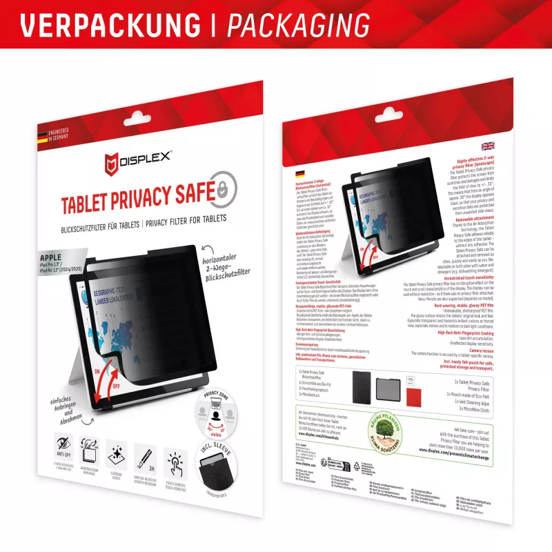 Displex TABLET PRIVACY SAFE nuimamas dvipusis privatumo filtras, skirtas iPad Pro 13 colių/Air 13 colių (2024/2025)