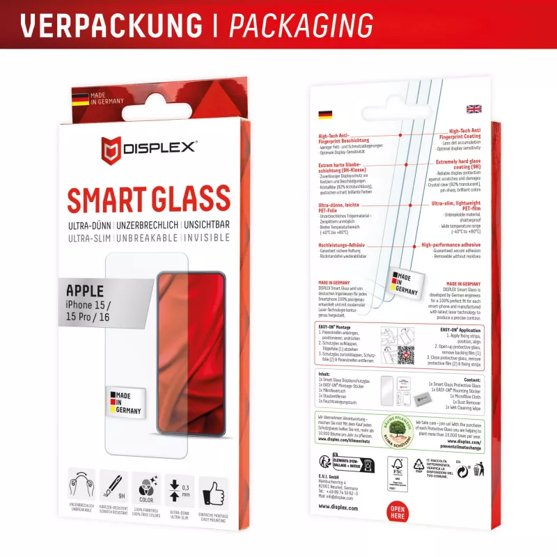 Displex Smart Glass (9H), skirtas Apple iPhone 15/15 Pro/16, tvirtinimo lipdukas, nedūžtamas