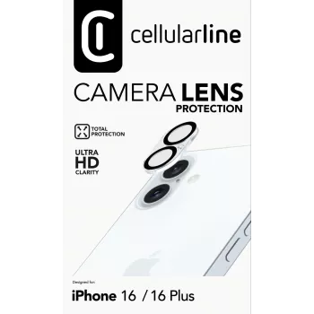 Cellularline kameros lęšis – iPhone 16 apsauga, skaidrus, atsparus įbrėžimams ir smūgiams