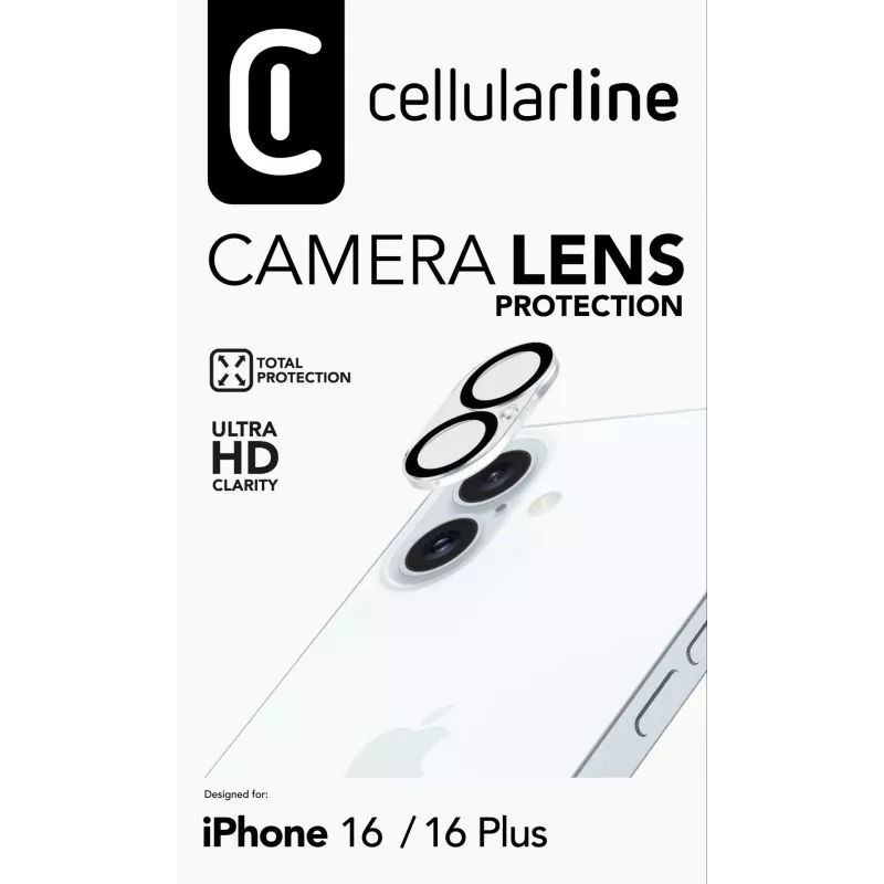 Cellularline kameros lęšis – iPhone 16 apsauga, skaidrus, atsparus įbrėžimams ir smūgiams