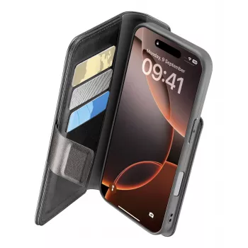 Cellularline Book Agenda - iPhone 16 Pro odos efekto knygos tipo dėklas su magnetiniu užsegimu