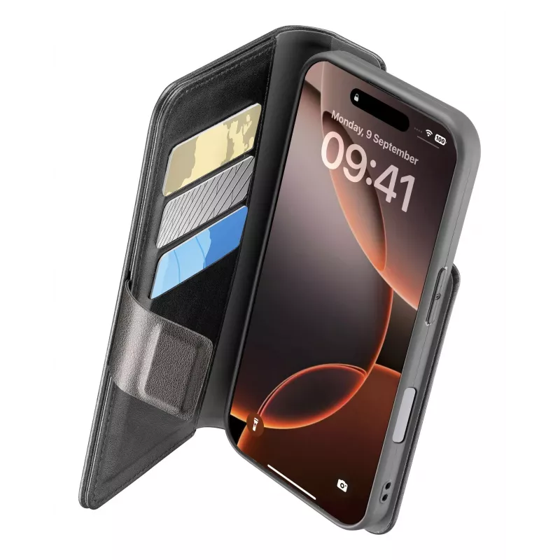Cellularline Book Agenda - iPhone 16 Pro odos efekto knygos tipo dėklas su magnetiniu užsegimu