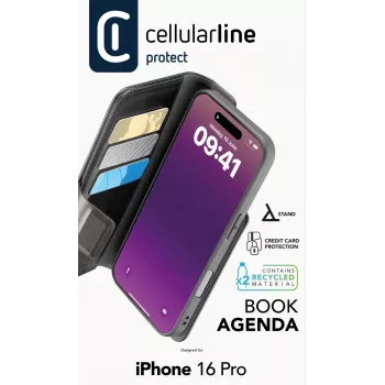 Cellularline Book Agenda - iPhone 16 Pro odos efekto knygos tipo dėklas su magnetiniu užsegimu