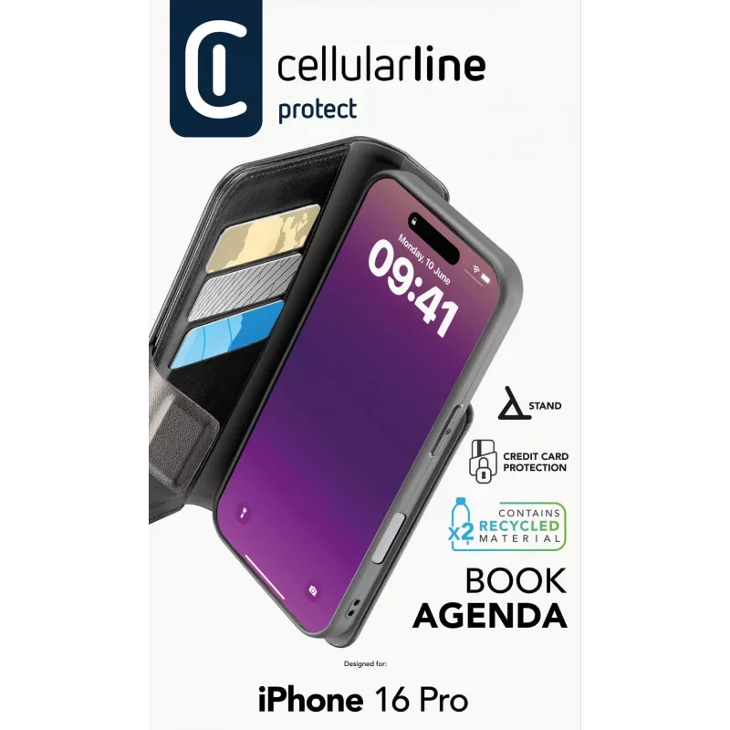 Cellularline Book Agenda - iPhone 16 Pro odos efekto knygos tipo dėklas su magnetiniu užsegimu