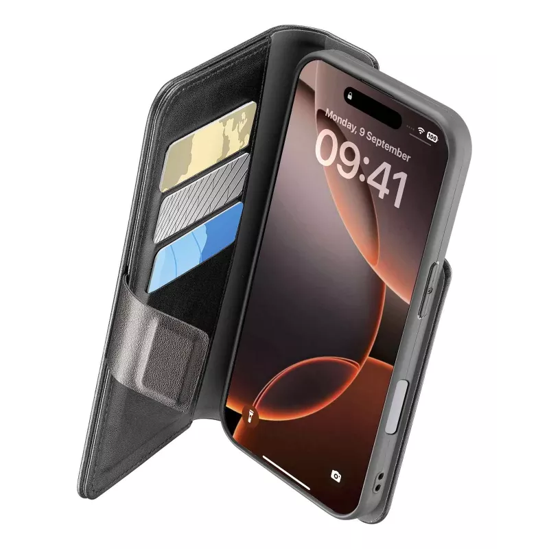 Cellularline Book Agenda - iPhone 16 Pro odos efekto knygos tipo dėklas su magnetiniu užsegimu