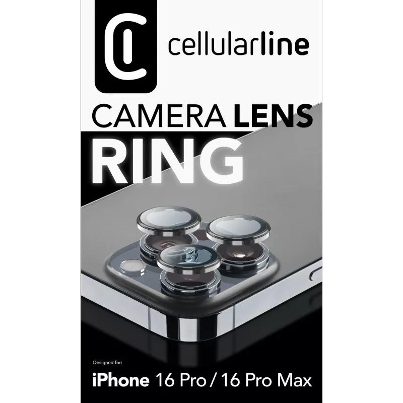Cellularline kameros objektyvo žiedas - iPhone 16 Pro/16 Pro Max Grūdintas stiklas kameros apsaugai