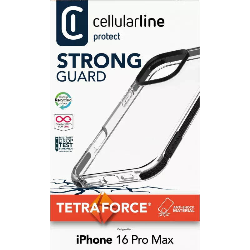 Cellularline Tetra Force Strong Guard - iPhone 16 Pro Max Itin apsauginis, smūgiams atsparus lankstus dėklas su integruota Microban® antibakterine technologija