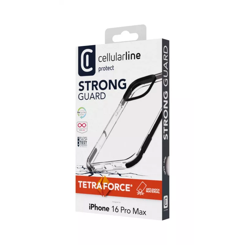 Cellularline Tetra Force Strong Guard - iPhone 16 Pro Max Itin apsauginis, smūgiams atsparus lankstus dėklas su integruota Microban® antibakterine technologija
