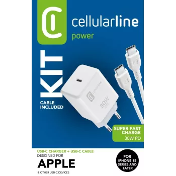 Cellularline USB-C CHARGER KIT USB-C 30W USB-C įkroviklio rinkinys 30W – iPhone 15 serija