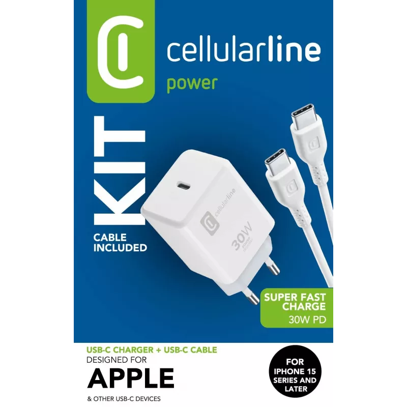 Cellularline USB-C CHARGER KIT USB-C 30W USB-C įkroviklio rinkinys 30W – iPhone 15 serija