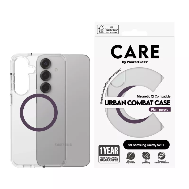 PanzerGlass CARE Urban Combat skaidrus dėklas Plum Purple Qi Samsung Galaxy S25+