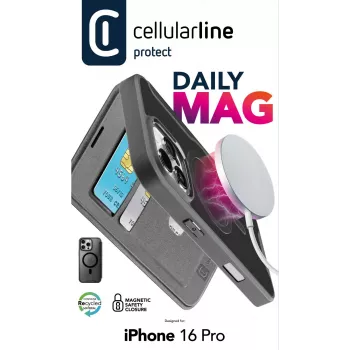 Cellularline Daily Mag - „iPhone 16 Pro“ knygelės tipo dėklas su pusiau permatoma kieta nugėle, suderinamas su „MagSafe®“ ekosistema