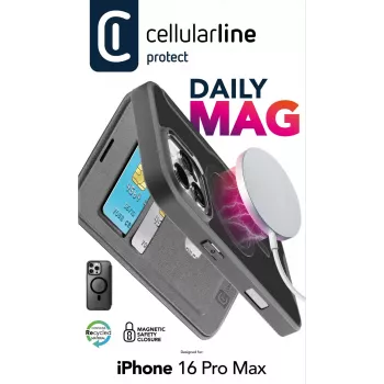 Cellularline Daily Mag - iPhone 16 Pro Max knygelės tipo dėklas su pusiau permatoma kieta nugarėle, suderinamas su MagSafe® ekosistema