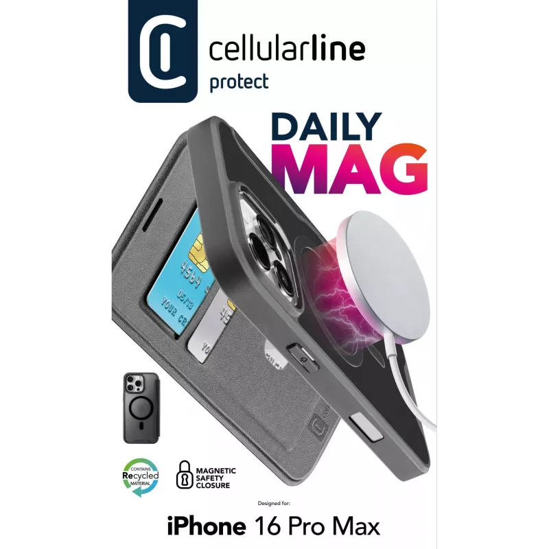Cellularline Daily Mag - iPhone 16 Pro Max knygelės tipo dėklas su pusiau permatoma kieta nugarėle, suderinamas su MagSafe® ekosistema