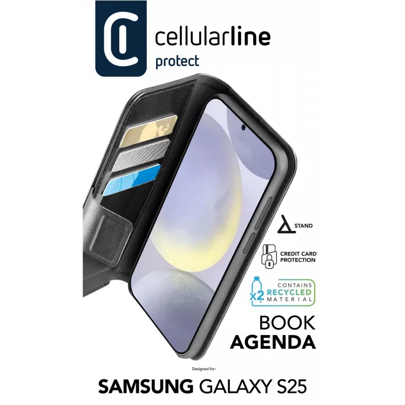 Dėklas-knygelė Cellularline Galaxy S25 16,1 cm juodas su 3 kortelių kišenėmis