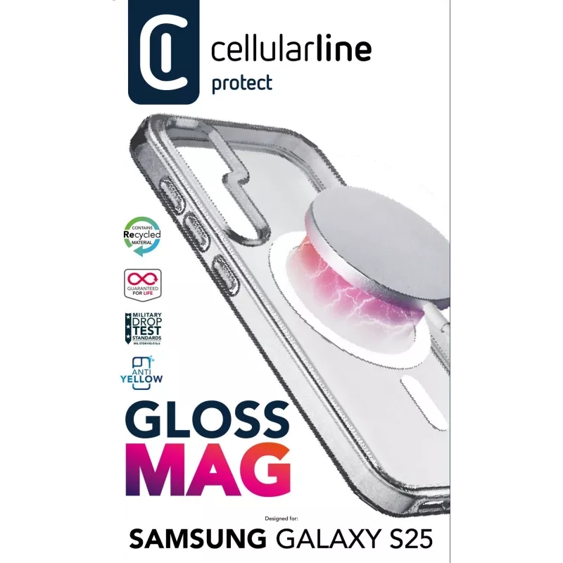 Cellularline Gloss Mag - Galaxy S25 magnetinis dėklas, skirtas įkrovimui ir prisegimui prie MagSafe įkroviklio