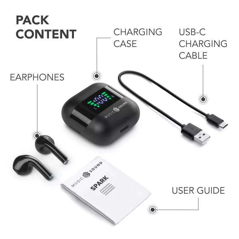 Music Sound SPARK TWS ausinės su LED ekranu
