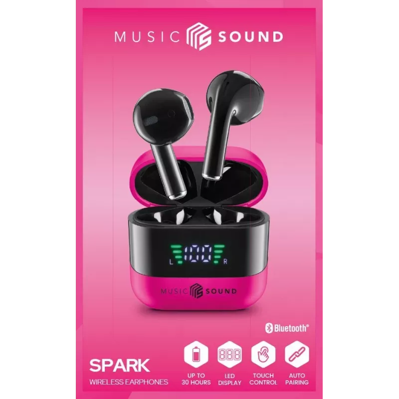 Music Sound SPARK ausinės su LED ekranu, True Wireless Stereo (TWS), skambučiams/muzikai, 66 g, ausinės, rožinės