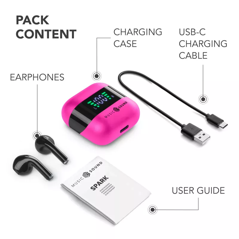 Music Sound SPARK ausinės su LED ekranu, True Wireless Stereo (TWS), skambučiams/muzikai, 66 g, ausinės, rožinės