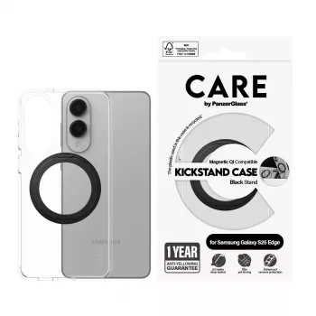 PanzerGlass CARE skaidrus dėklas su juodu stovu ir Qi Samsung Galaxy S25 Edge