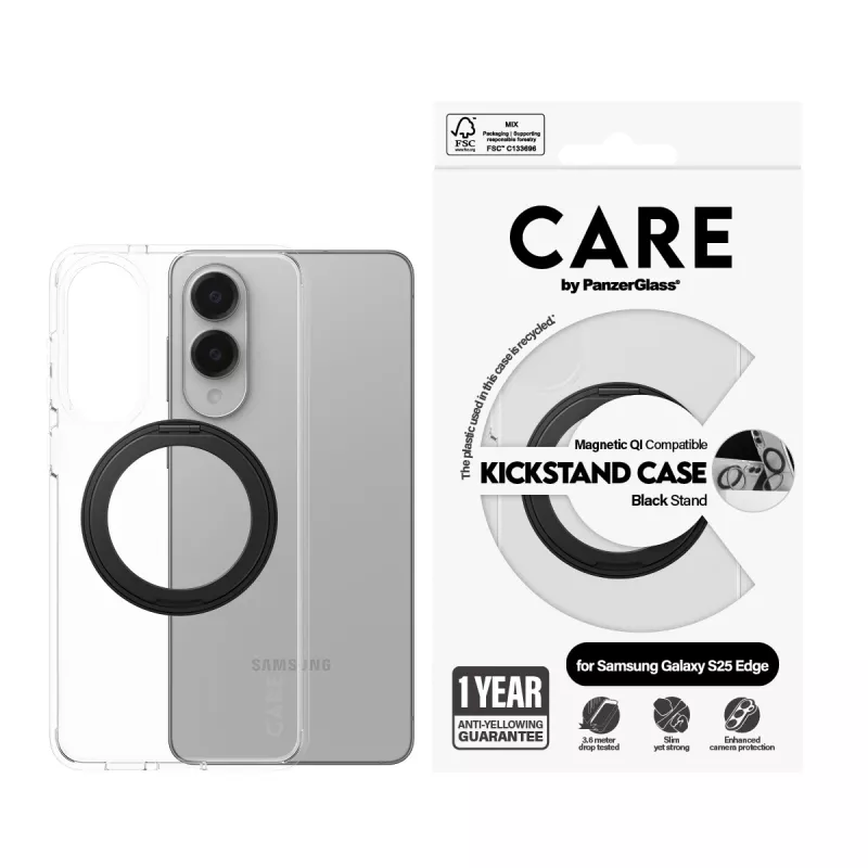 PanzerGlass CARE skaidrus dėklas su juodu stovu ir Qi Samsung Galaxy S25 Edge