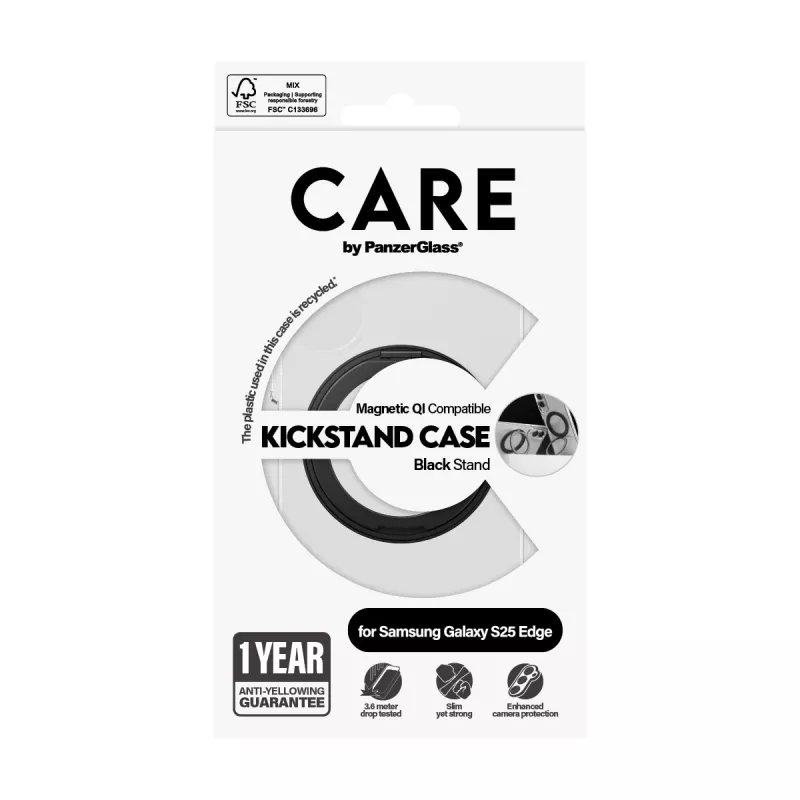 PanzerGlass CARE skaidrus dėklas su juodu stovu ir Qi Samsung Galaxy S25 Edge