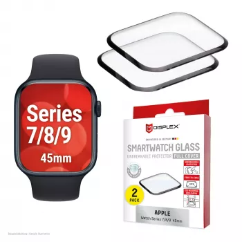 Ekrano apsauga Displex Unbreakable Full Cover Smart Glass, skirta Apple Watch 45mm (Series 9/8/7), 2 vnt., itin plona, nuo krašto iki krašto