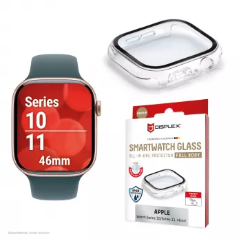 Ekrano apsauga PanzerGlass Displex 10H, skirta Apple Watch 11/10 42 mm, visą korpusą dengiantis grūdintas stiklas, IP68, užsegama, juoda matinė