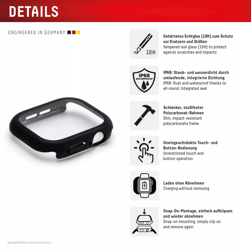 Displex 10H grūdintas stiklas Apple Watch 11/10 (42mm), viso korpuso dėklas, IP68, užsegamas, juodas matinis