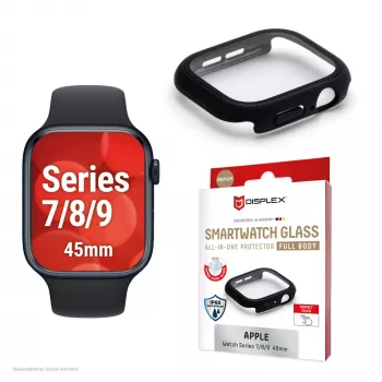 Displex 10H grūdintas stiklas Apple Watch 9/8/7 (45 mm), pilno korpuso dėklas, IP68, užsegamas, juodas matinis