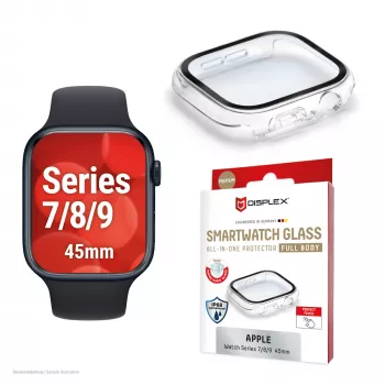 Ekrano apsauga PanzerGlass Displex 10H, skirta Apple Watch 9/8/7 45mm, visą korpusą dengiantis grūdintas stiklas, IP68, užsegamas, permatomas