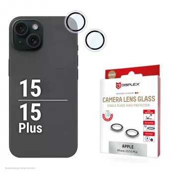 Displex Premium Camera Lens Glass, iPhone 15/15 Plus, 10H, vienas žiedas, DLC, permatomas, Quick Mount