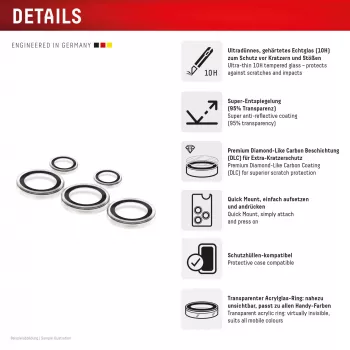 Displex Premium Camera Lens Glass, Samsung Galaxy S25 Ultra, 10H, Single Rings, DLC, transparent, Quick Mount