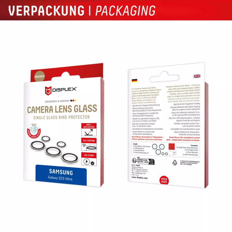 Displex Premium Camera Lens Glass, Samsung Galaxy S25 Ultra, 10H, Single Rings, DLC, transparent, Quick Mount