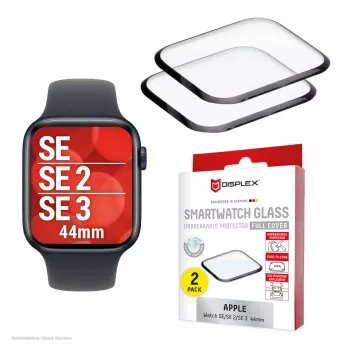 Displex nedūžtantis visą ekraną dengiantis apsauginis stiklas „Apple Watch SE3/SE2/SE“ (44 mm), 2 vnt. pakuotė, itin plonas, nuo krašto iki krašto, ekologiškas laikiklis