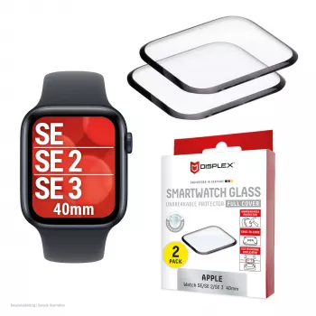 Displex nedūžtantis pilnos apsaugos išmanus stiklas Apple Watch SE3/SE2/SE (40 mm), 2 vnt., itin plonas, dengiantis iki kraštų, Eco Mount