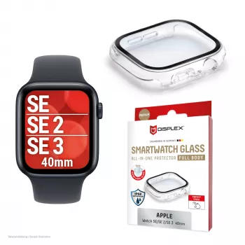 Displex 10H grūdintas stiklas, skirtas Apple Watch SE3/SE2/SE (40 mm), viso korpuso apsauga, IP68, užsegamas, permatomas