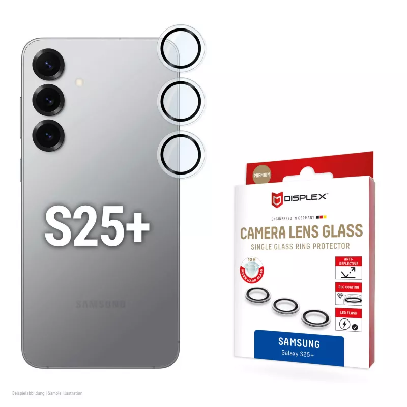 Displex Premium Camera Lens Glass, Samsung Galaxy S25+, 10H, Single Rings, DLC, permatomas, Quick Mount
