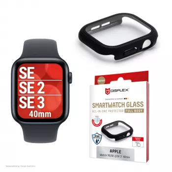 Ekrano apsauga PanzerGlass Displex 10H, skirta Apple Watch SE3/SE2/SE (40 mm) – pilnas korpusas, IP68, užsegama, juoda matinė