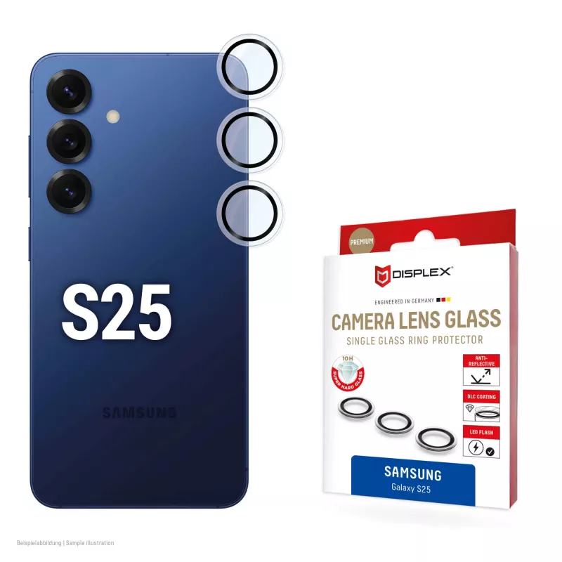 Displex Premium kameros lęšio stiklas, Samsung Galaxy S25, 10H, pavieniai žiedai, DLC, permatomas, Quick Mount