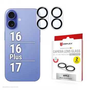 Displex Full Cover kameros objektyvo stiklas iPhone 16/16 Plus/17, 10H, pilna kameros apsauga, greitas montavimas, 2 vnt.