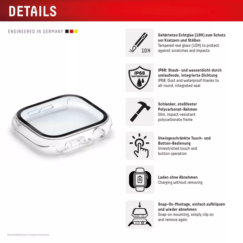 PanzerGlass Displex 10H grūdinto stiklo pilno korpuso dėklas Apple Watch SE/SE2/SE3 44mm, IP68, užsegamas, permatomas
