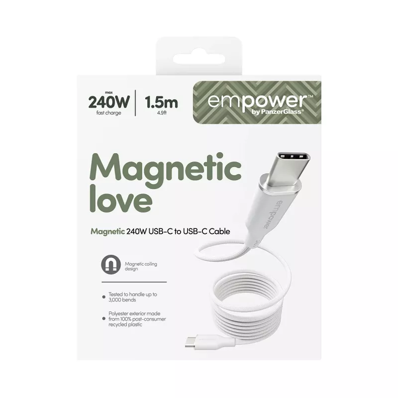 PanzerGlass empower™ by ® Magnetic 240W USB-C į USB-C kabelis | USB 2.0 | 1,5 m | Sidabrinė balta