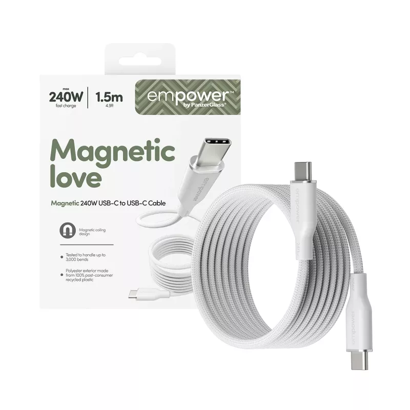 PanzerGlass empower™ by ® Magnetic 240W USB-C į USB-C kabelis | USB 2.0 | 1,5 m | Sidabrinė balta