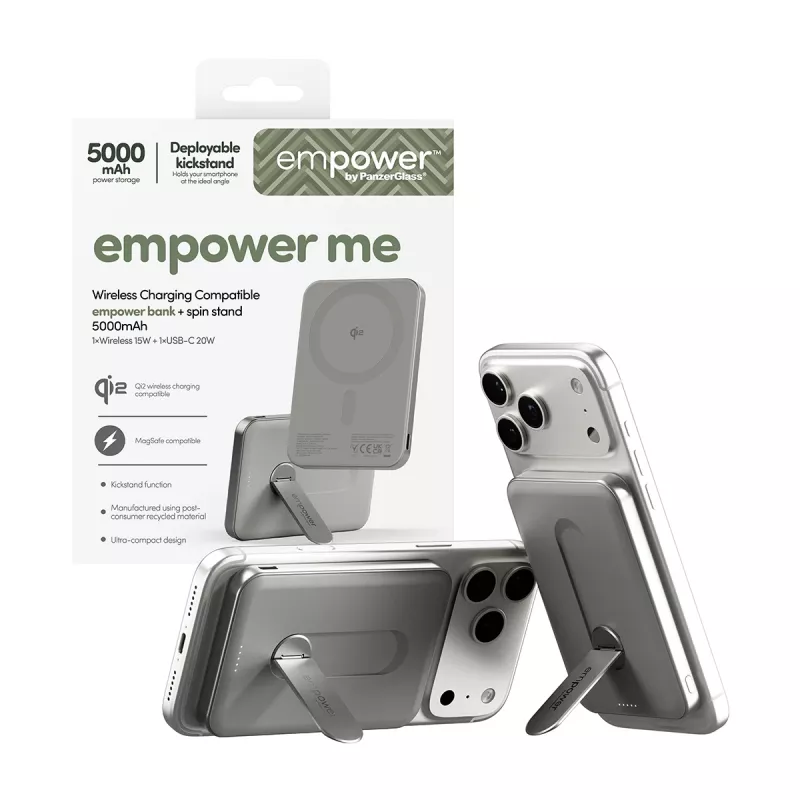 Išorinė baterija PanzerGlass empower by empower Bank su sukamuoju stovu 5000 mAh titano