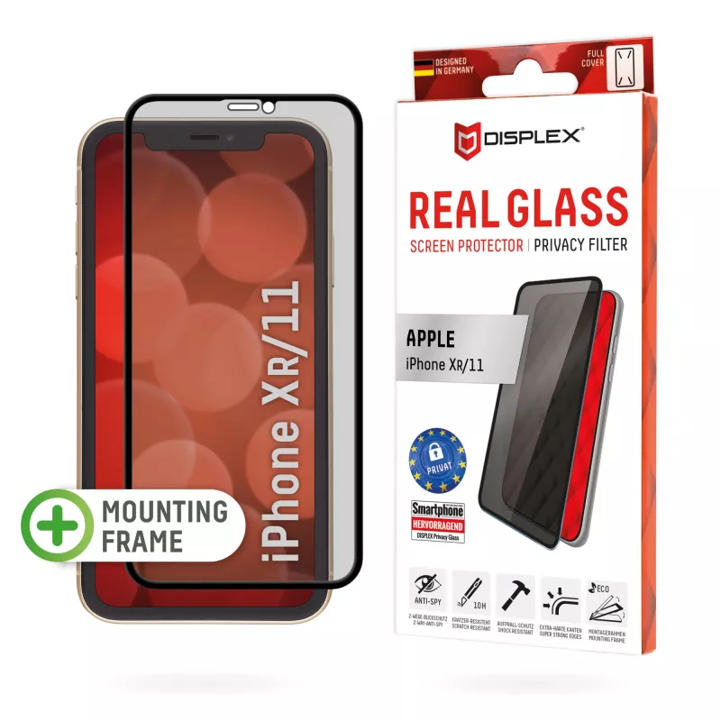 Displex privatumo viso ekrano apsauginis stiklas (10H), skirtas „Apple iPhone XR/11“, montavimo rėmelis, privatumo filtras, grūdintas stiklas, atsparus įbrėžimams apsauginis sluoksnis, draugiškas dėklui