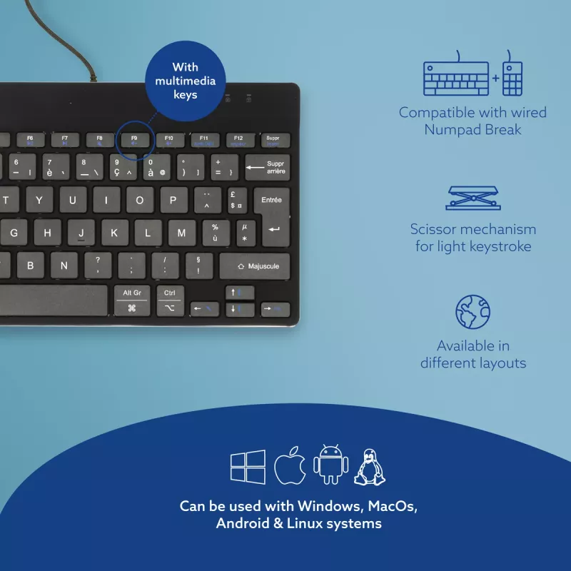 Ergonominė klaviatūra R-Go Tools R-Go Compact Break, kompaktiška klaviatūra su pertraukų programine įranga, AZERTY (FR), laidinė, juoda