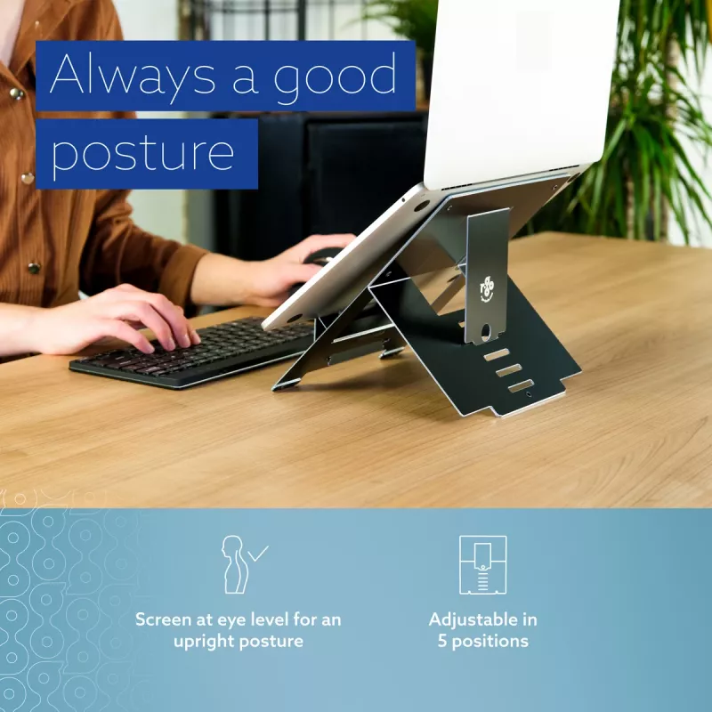 “R-Go Tools” nešiojamojo kompiuterio stovas “R-Go Riser Flexible”, reguliuojamas sulankstomas nešiojamojo kompiuterio pakėlimo stovas, ergonomiškas, “Hylite” aliuminis, juodas
