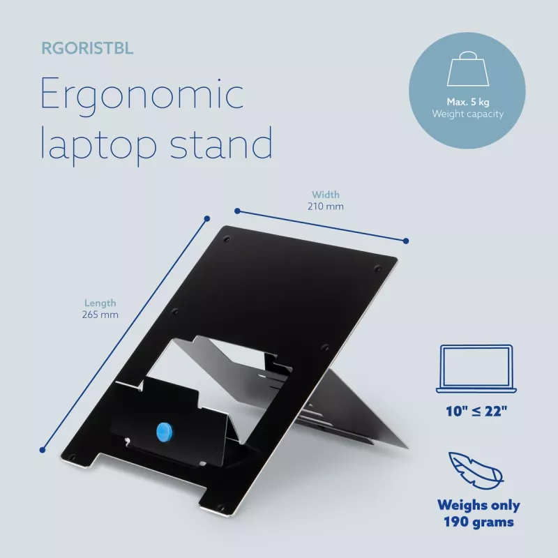 “R-Go Tools” nešiojamojo kompiuterio stovas “R-Go Riser Flexible”, reguliuojamas sulankstomas nešiojamojo kompiuterio pakėlimo stovas, ergonomiškas, “Hylite” aliuminis, juodas